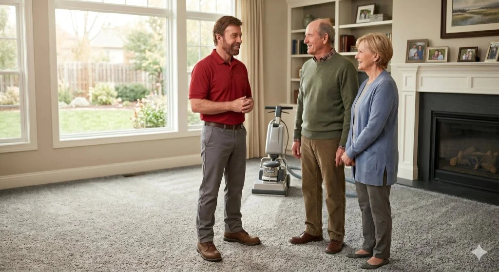 Technician speaking with homeowners in a freshly cleaned living room