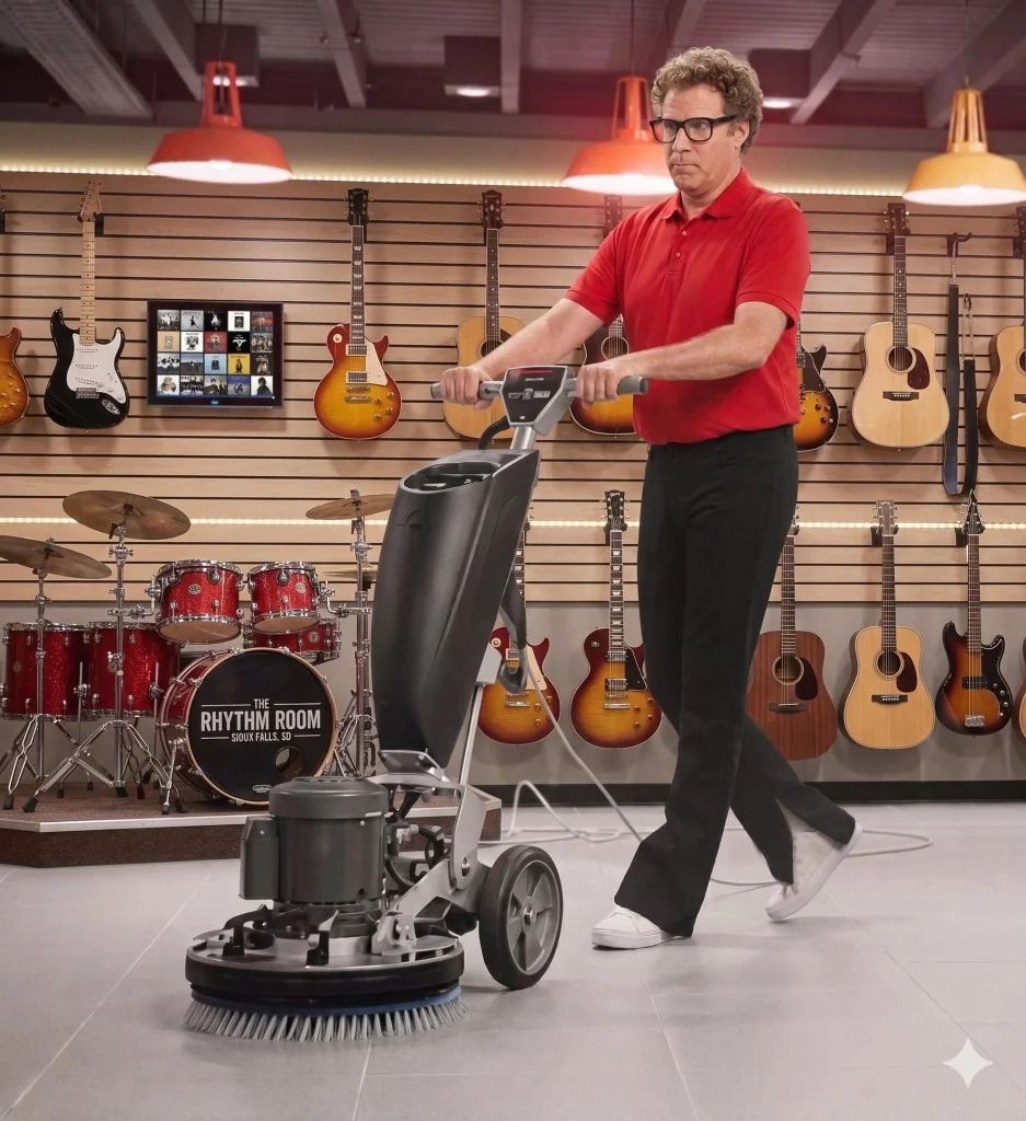 Technician operating a floor cleaning machine in a commercial space