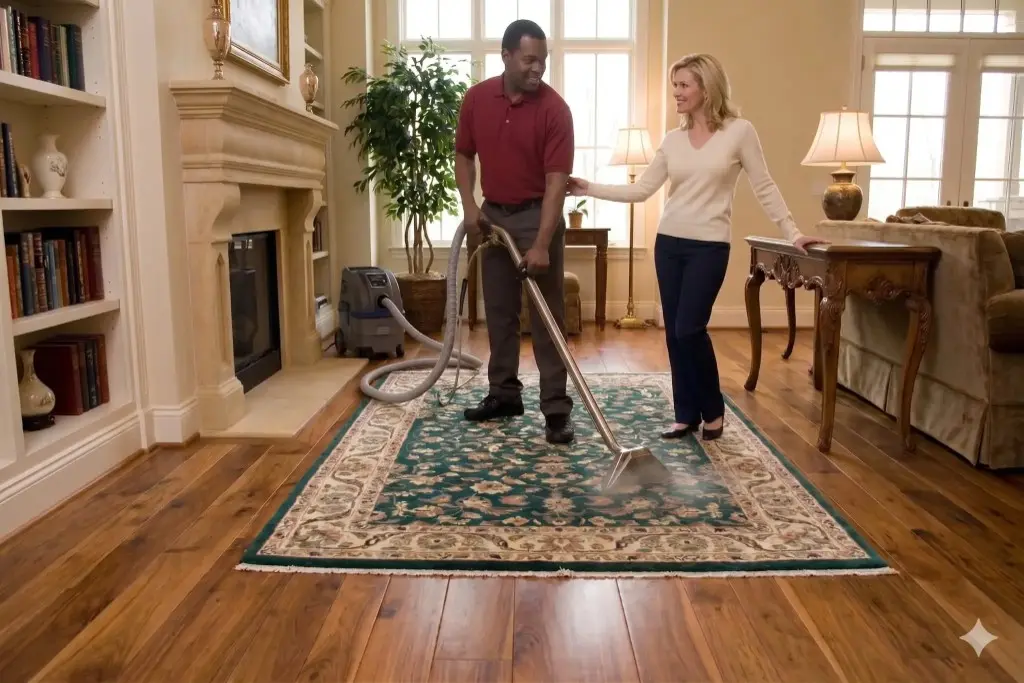 Technician cleaning a living room area rug while customer looks on