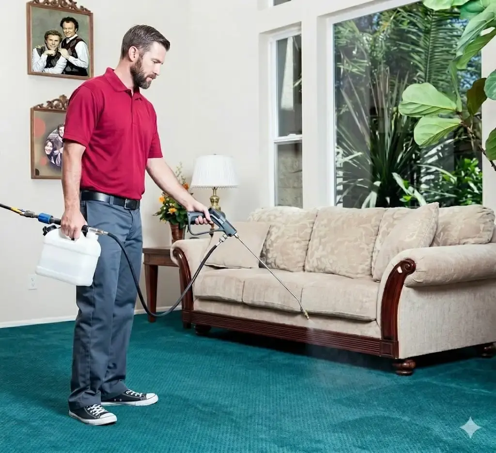 Technician applying low-moisture cleaning solution to carpet